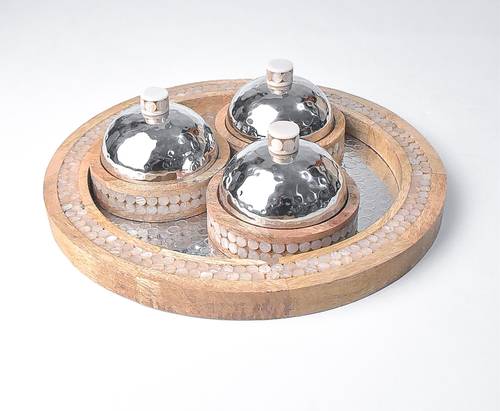Round Tray With 3 Bowl - Silver