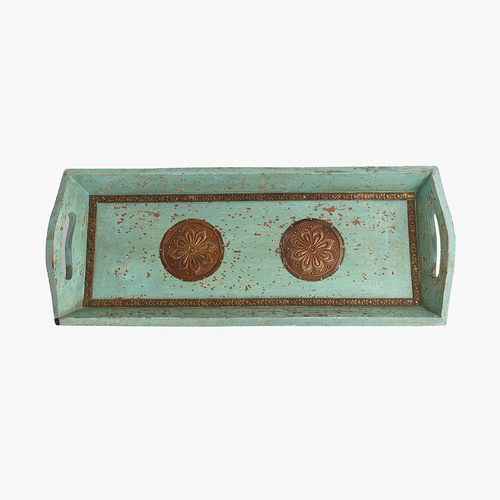 wooden tray round brass small bleu