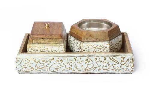 Mango Wood Square Mubkhar Set - white