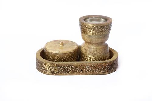 Mango Wood Round Mubkhar Set - Gold