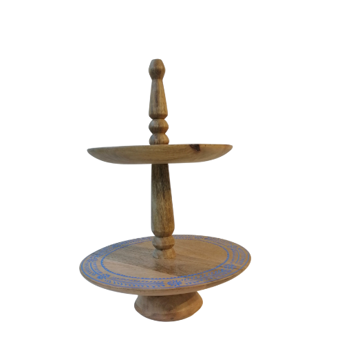   Two-tiered mango wood cake stand - blue