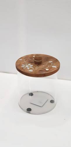 Round acrylic box with wooden lid - large