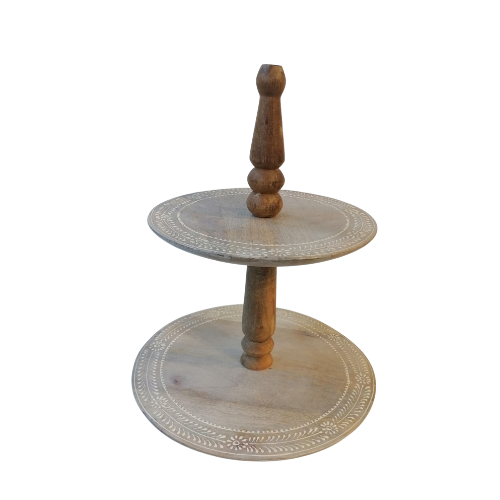 Two-tiered mango wood cake stand - white