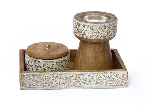 Mango Wood Square Mubkhar Set - white