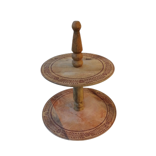  Two-tiered mango wood cake stand - red