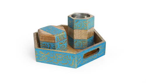 Mango Wood Hexagonal Mubkhar Set - blue