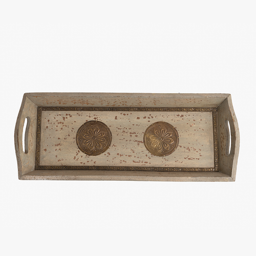 wooden tray round brass small silver