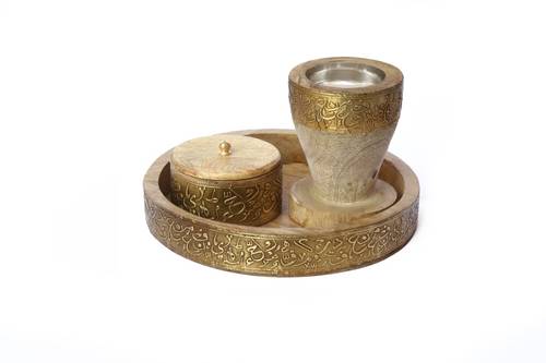 Mango Wood Round Mubkhar Set - Gold