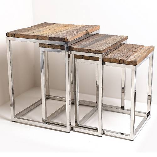 Wooden table set with stainless steel base