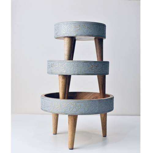 Hand painted wooden and copper cake stand set