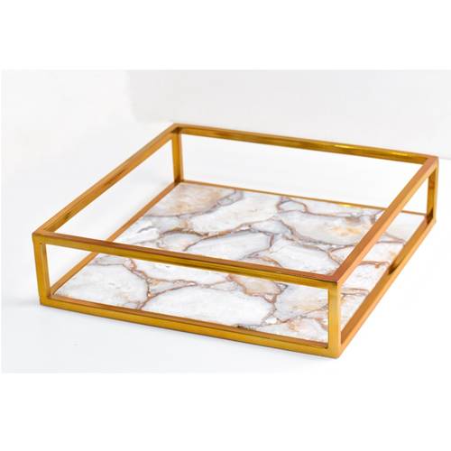 Agate tray, stainless steel sides - White