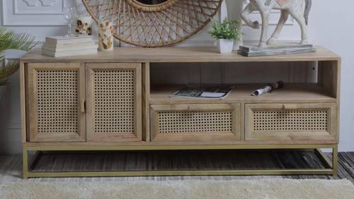 Indian wooden TV table with rattan