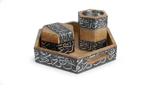 Mango Wood Hexagonal Mubkhar Set - silver