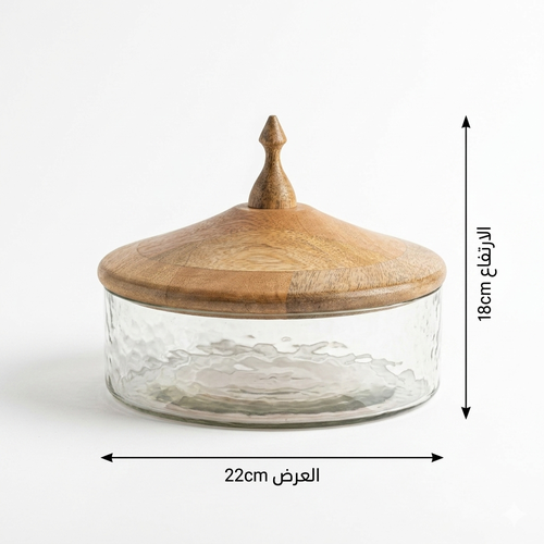  علبة  دائرية  زجاجية مع غطاء خشبي-مقاس وسط