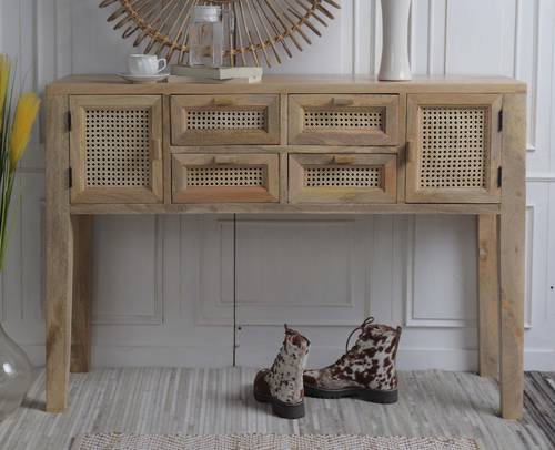 Indian Wooden Console With Rattan