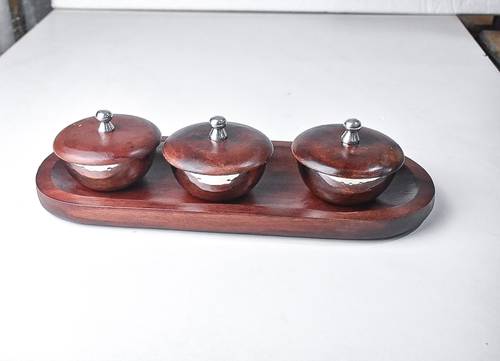 Wooden Tray With 2 Bowl - Silver