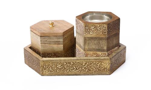 Mango Wood Hexagonal Mubkhar Set - gold