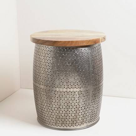 Wooden table with silver stainless steel base