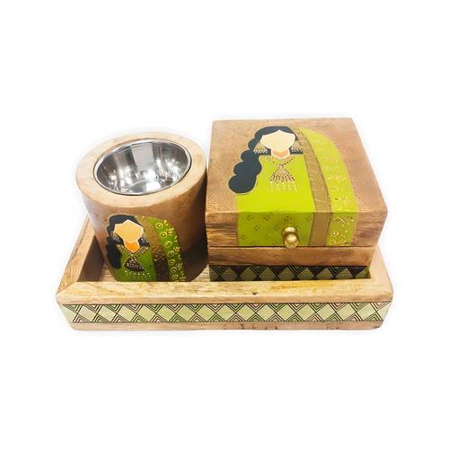 Natural wood censer set with green hand painting