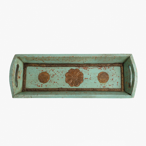 wooden tray round  brass big blue