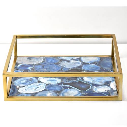 Agate tray, stainless steel sides - Blue