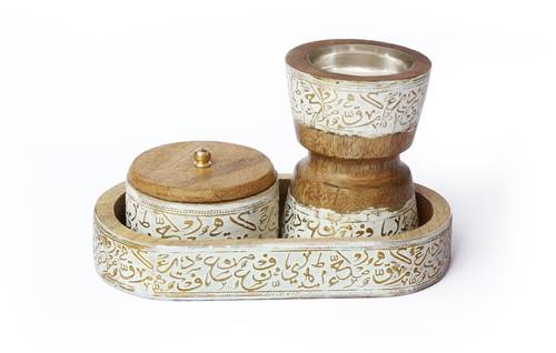 طقم مبخر دائري خشب مانجو - ابيض