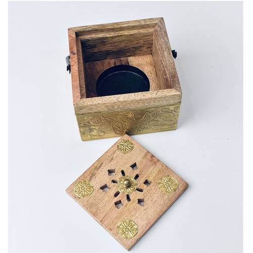 Square incense burner - wooden and brass handle