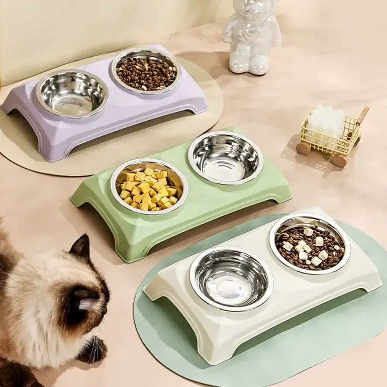 Double Stainless Steel Bowl for Pets With Slanted Base - Beige