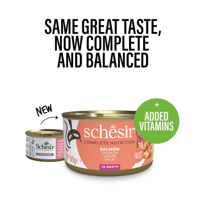 Salmon in Broth 85 g Complete Wet Food for Adult Cats Schesir Cans - Carton 12 Pcs