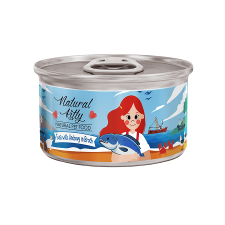 Tuna with Anchovy in Broth 80 g Wet Food for Kittens and Adult Cats Natural Kitty Cans - Box 24 Pcs