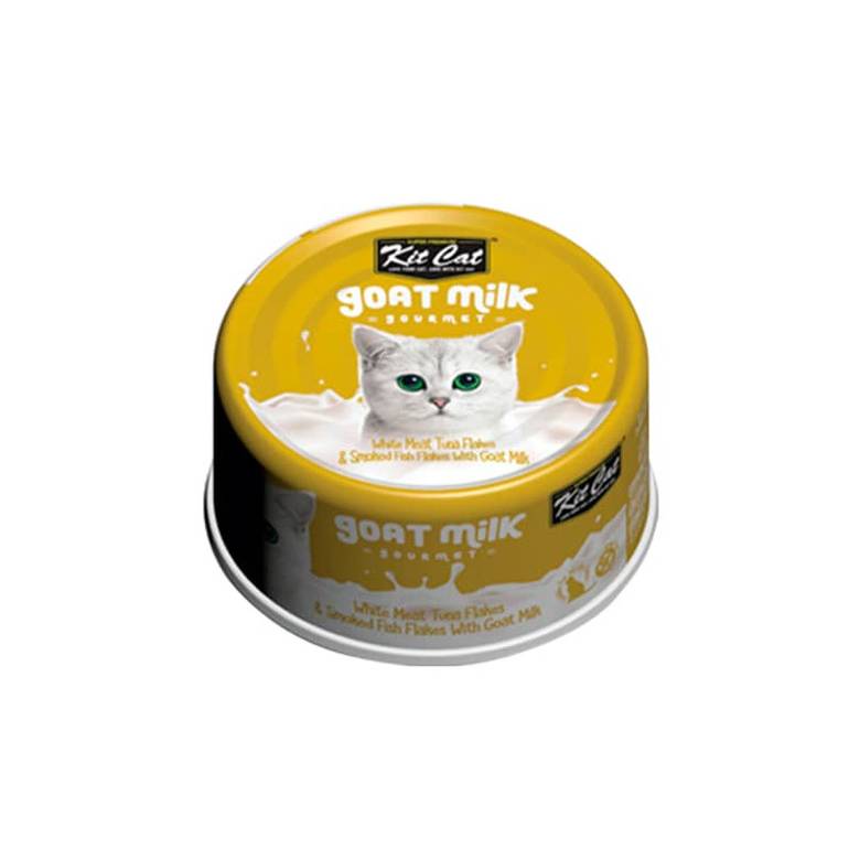 White Meat Tuna Flakes & Smoked Fish With Goat Milk 70 g Wet Food for Adult Cats Kit Cat Cans - 12 pieces