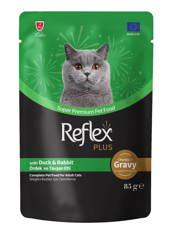 Duck and Rabbit Chunks In Gravy 85 g Complete Wet Food for Adult Cats Reflex Plus Pouches - Carton 22 Pcs