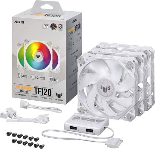 مراوح ASUS TUF Gaming TF120 ARGB White Edition (3-Pack) 3-Pin Customizable LEDs Blade, Advanced Fluid Dynamic Bearing, 120mm PWM, Anti-Vibration Pads, Double-Layer LED Array أبيض
