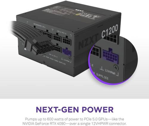 مزود الطاقة NZXT C1200 Gold ATX 3.1 - Fully Modular and Quiet PC Gaming Power Supply - 1200 Watts - 80 PLUS Gold - 12V-2x6 Connector - 100% Japanese Capacitors - Black