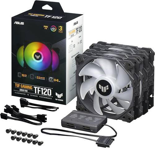مراوح من أسوس ASUS TUF Gaming TF120 ARGB Chassis Fan 3 Pack 3Pin Customizable LEDs, Advanced Fluid Dynamic Bearing, 120mm PWM Control, Anti-Vibration Pads, Double-Layer LED Array for Computer Case & Liquid Radiator أسود