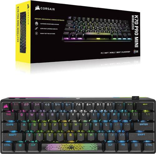 كيبورد وارليس أسود Corsair K70 PRO Mini Wireless RGB 60% Mechanical Gaming Keyboard (Fastest Sub-1ms Wireless, Swappable Cherry MX Red Keyswitches,  NA Layout - Black