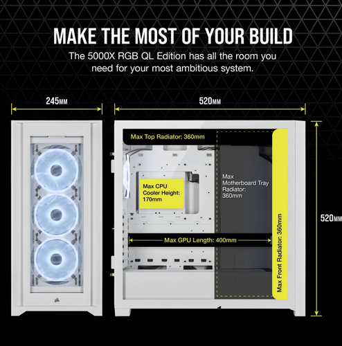 صندوق أبيض Corsair iCUE 5000X RGB QL Edition – Mid-Tower – 4x QL120 Fans