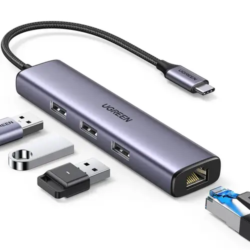 يوجرين موزع USB C، محول 4 في 1 من النوع سي مع جيجابت ايثرنت، نوع C الى ، ايثرنت RJ45  , 3منفذ USB 3.0