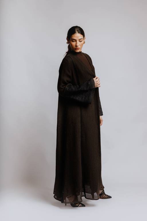 Brown linen abaya with crochet on sleeve