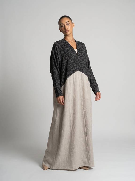 Beige Bisht with Black Printed Overlay