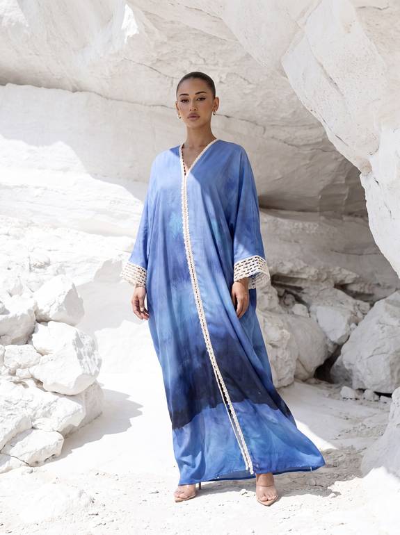Blue Tie-Dye Bisht with Crochet Cuffs