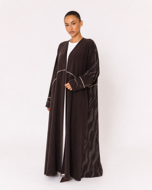 Dark Brown Bisht with Printed Sleeves and embroidery Detail