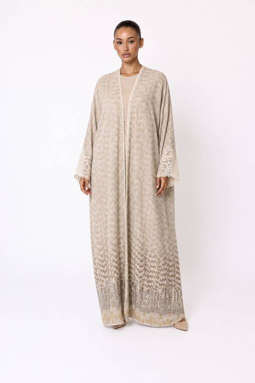 Beige Patterned Bisht with Crochet Cuffs