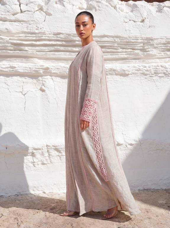 Beige abaya with pink crochet