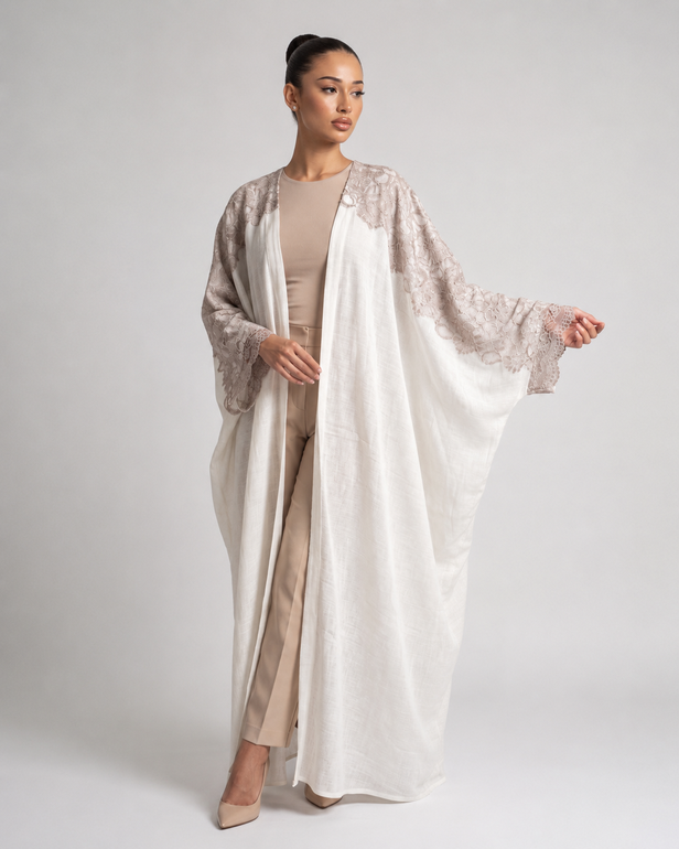 White bisht with lace on top