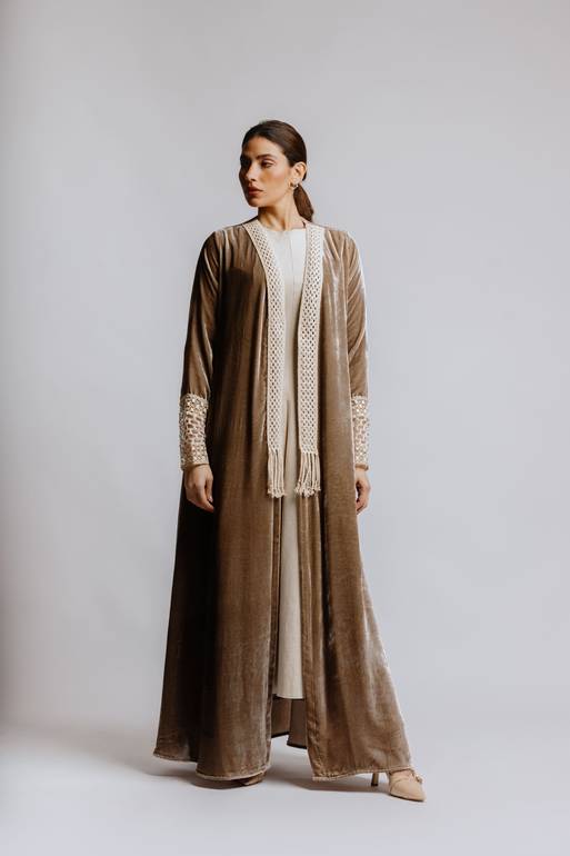 Baige velvet Abaya with Lace on sleeve