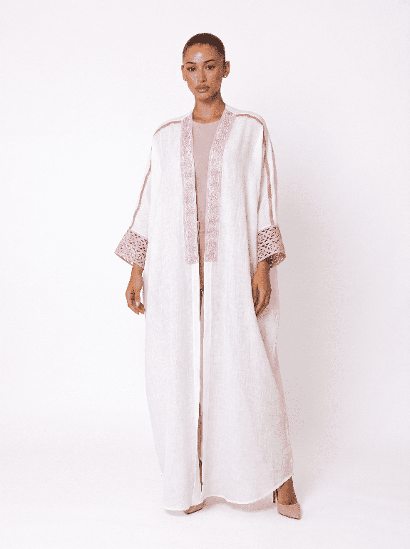 White Bisht with Embroidered Crochet Sleeves
