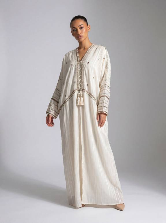 Cream Striped Bisht with Tassel Detail