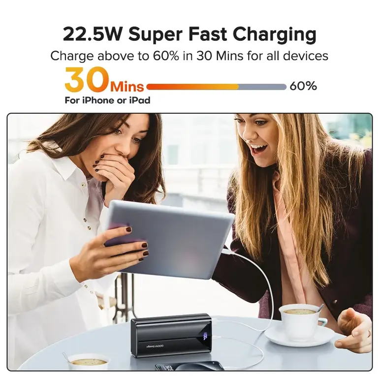QOOVI 30000mah Power Bank 22.5W Fast Charging Built-in Cable External Large Battery Portable Charger For iPhone Samsung Xiaomi