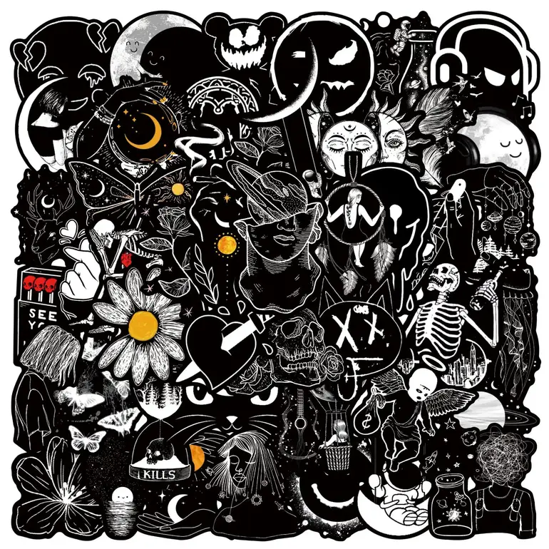 50Pcs Black And White Art Styling Stickers Laptop Luggage Phone Case Guitar Fridge Car Motorcycle Cool Ins Decals